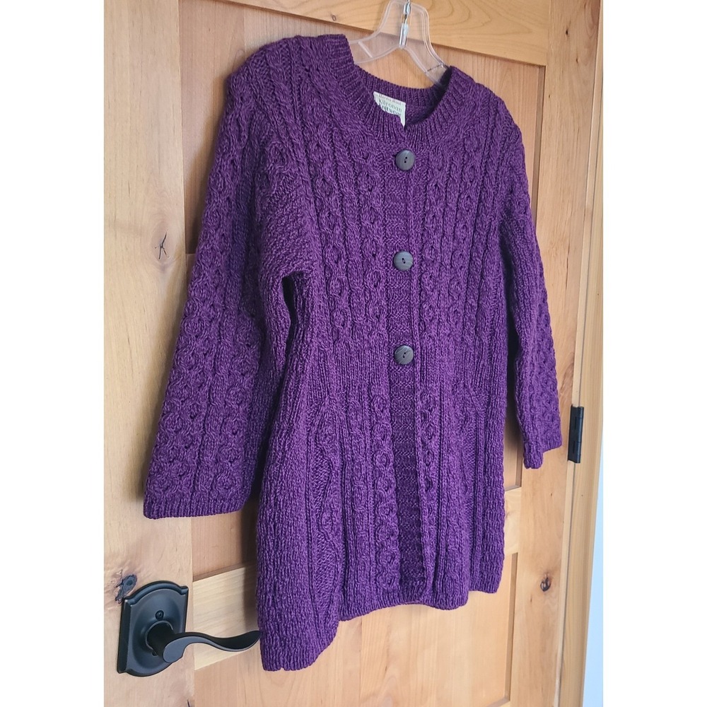 Kilronan Ireland 100%‎ Merino Wool Purple XS Cardigan Cable Knit Aran Irish - Picture 6 of 10